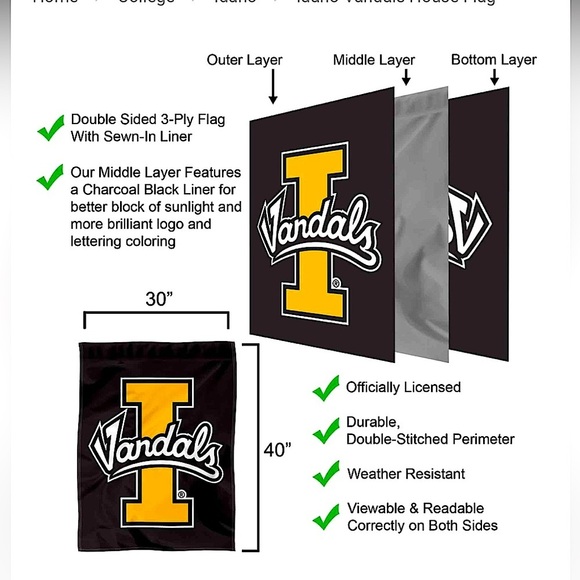 University of Idaho (30x40”) Vandals Logo College House Flag - Picture 3 of 8